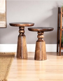 Resim AYLESA Doğal Ahşap 2’li Set Mantar Yan Sehpa Modern Fiskos Zigon Çiçeklik 