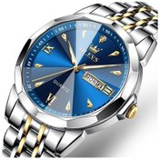 Resim Fastbuy Olevs 9998 Erkekler Elmas Yüz Çift Takvim Su Geçirmez Kuvars Saat Mavi Altın Çok Renkli Takım Saat Çok Renkli 