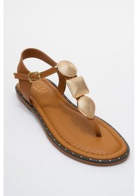 Resim Luvishoes Luvi Shoes Helen Taba Hakiki Deri Parmak Arası Gold Tokalı Kadın Sandalet Taba 