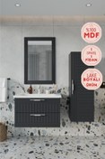Resim BALNEOM Erguvan Gümüş Kulp Antrasit 80 Cm %100 Mdf Lavabolu Banyo Dolabı Ayna Lavabo Boy Dolabı 