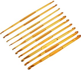 Resim 10 Adet, Çift Uçlu Tığ İğneleri, 2/0 ile 10/0 Alüminyum Altın Ton Örgü İğneleri, DIY Dokuma El Sanatları İçin Ergonomik Saplı Kazak Örgü Tıgı, Yün Örgü Tığı 