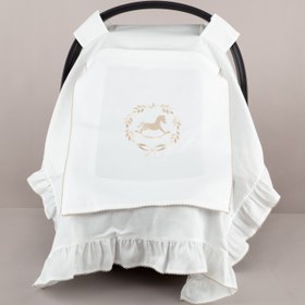 Resim Asil Bej Çelenkli At Nakışlı Bej Tığ işi Süslemeli Fırfırlı Puset Örtüsü 