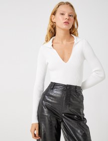 Resim Polo Yaka Triko Kazak Crop Uzun Kollu 