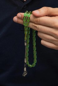 Resim 925 Ayar Gümüş Kazaz Püsküllü Kapsül Kesim Yeşil Ateş Kehribar Tesbih Gümüş 