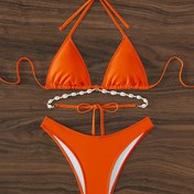 Resim Deniz kabuğu dekorlu tek renkli üçgen askılı sırt dekoltesi 2 parça bikini takımı, kadın mayo ve giyim 