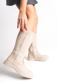 Resim Bak Store DAR KALIP Bej Ten Mat Nakışlı Fermuarlı Western Kovboy Kadın Çizme Dikişli Tabanlı 