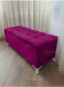 Resim Çizgi Kapitoneli Sandıklı Puf 100 Cm Beyaz Ayak Mor 