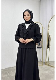 Resim Lovie Moda Fırfır Yaka Düğmeli Kol Büzgülü Etekli Takım Siyah 