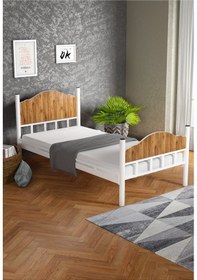 Resim Ejder metal Tek Kişilk Ahşaplı Metal Karyola Ceviz (YATAKSIZ) 