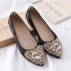 Resim Siyah Tasarımcı Boncuk Düğün Ayakkabı Kadın Daireler Kadın Balerin Sivri Burun Inci Loafer'lar Spor Ayakkabı Artı Boyutu Zapatos Mujer Siyah 