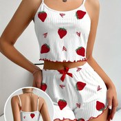 Resim Kadınların Çilek Desenli Seksi Kabartmalı Pijama Takımı, Yuvarlak Yaka Sırtı Açık Crop Cami Üst ve Şort, Rahat Gevşek Kesim, Yazlık Gecelik 