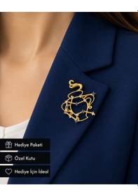 Resim Kova Burcu Kadın Broşu Hediye Zirkon Taşlı Gold Renk Tasarım Rozet Açık Gri 