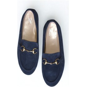 Resim Ne&ve Shoes Lacivert Süet Hakiki Deri Gold Zincir Aksesuarlı Kadın Loafer Ayakkabı 