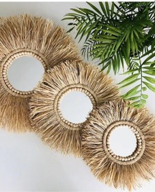 Resim Woodda Dekoratif Aynalı Rafya Duvar Süsü Bohemian Style 3'lü Boncuklu Ayna Seti 