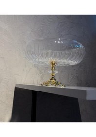 Resim Elta Collection Lotus Kristal 24 Cm Kesme Dekor Metal Ayaklı Salata Kasesi Cam Sunumluk- Servis Tabağı Gold 