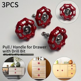 Resim Matkap Ucu ile 3'lü Retro Kırmızı Metal Çekmece Kolları, Benzersiz Endüstriyel Disk Şeklinde Dolap Tutacakları, Yaratıcı Demir Tekerlekli Topuzlar Makyaj Masası ve Dolap Yenilemesi için, Dolap Topuzu ve Çekmecekleri 