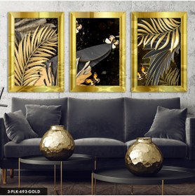 Resim Evinemoda Gold Yaprak ve Kelebek 3 Parça Gold Pleksi Aynalı Tablo 