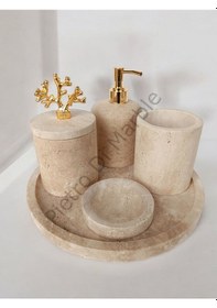 Resim Sarı Traverten Klasik Model 5 Parça Gold Renk Mercan Aksesuarlı Banyo Seti Sarı Traverten 