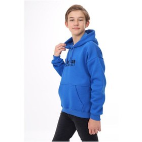 Resim Toontoy Kids Toontoy Erkek Çocuk Oversize Kapüşonlu Cepli Düşük Omuz Baskılı Sweatshirt - 2 İplik Saks 