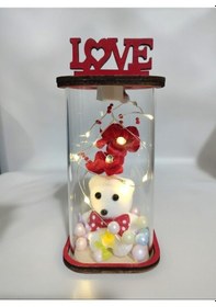 Resim Köşeli Cam Fanus Love Yazılı Işıklı Ledli Fanus 15 Cm Kırmızı 