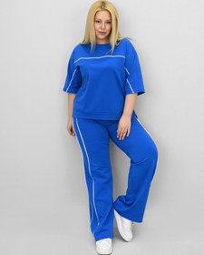 Resim Kadın Büyük Beden Kısa Kollu Ara Biye Detaylı Bol Paça Eşofman Takımı 8189-25 - 4XL / Gri 