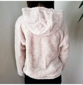 Resim Yumuşacık Peluş Kapşonlu Fermuarlı Sweatshirt Hırka Taş Renk Çok Renkli 