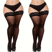 Resim 1 çift büyük beden kadın seksi diz üstü çoraplar - Dantel süslemeli, şeffaf file, şık konfor, polyester kumaş, uzun kadınlar için çoraplar 