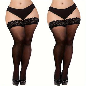 Resim 1 çift büyük beden kadın seksi diz üstü çoraplar - Dantel süslemeli, şeffaf file, şık konfor, polyester kumaş, uzun kadınlar için çoraplar 