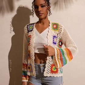 Resim 2025 Moda Kadın Çiçek Desenli Renkli Örgü Önü Açık Uzun Kollu Delikli Hırka 