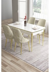 Resim Canisa Tia Serisi 80x132 Açılabilir Mdf Mutfak Masası Takımı Beyaz Masa Gold Detay 4 Krem Sandalye Masa Beyaz Sandalye Krem 