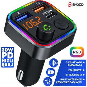 Resim 30W Pd Hızlı Şarj 5.0 Bluetooth Mp3 Çakmaklık Rgb Işıklı LED Ekran USB Araç Fm Transmitter Çakmaklık Pd Type-C Giriş 