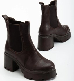 Resim Topuklu Bot Kadın Platform Kahverengi Parçalı Elastik Kalın Taban-4196 Kahve 