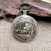 Resim Zincirli Vintage Bronz Kurt Ailesi Kuvars Cep Saati - Benzersiz Erkek Moda Aksesuarı, Karmaşık Kurt Tasarımı, Ona Mükemmel Hediye 