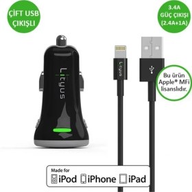 Resim Lityus Çift Çıkışlı Araç Şarj Cihazı + Lightning Kablo (Siyah) - AKLCCD039901 