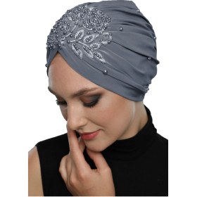 Resim Elysianfidan Kopma Astarlı Işlemeli Koyu Gri Gül Motifli Hazır Türban Tesettür Abiye Bone Koyu Gri Gül 