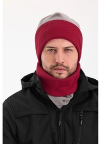 Resim Hünkar Sytle, Çift Renk Çift Kat Katlanabilir Yumuşak Erkek Bere Boyunluk Takım - Standart / Gri-bordo Gri-bordo 