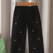 Resim Kızların Zarif Kurdele ve İnci Süslemeli Esnek Düz Bacaklı Pantolon - Yumuşak Bej Elastik Bel Bol Kesim Uzun Pantolon Bahar/Sonbahar Rahat Giyim İçin, Dış Mekanlar İçin Mükemmel 