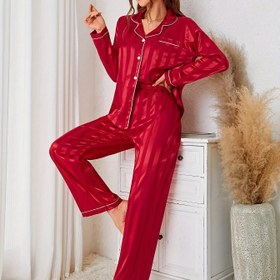 Resim Çocuklar için Kırmızı Jakar Saten Pijama Seti - Klasik Yaka Kollu Uzun Kollu Üst ile Düğme Detayları ve Kuşaklı Uzun Pantolon - İlkbahar/Sonbahar için Örgü Polyester ve Elastan Blend Uyku Giysisi 