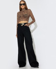 Resim Koton Koton X Zeynep Bastık - Crop Leopar Bluz Drapeli Dik Yaka Uzun Kollu Siyah Desenli 5wak80019pk 