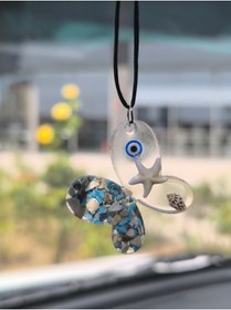 Resim Esey Dizayn Nazar Boncuğu Krem Mavi Taşlı Kelebek Araba Dikiz Ayna Süsü - Epoksi 