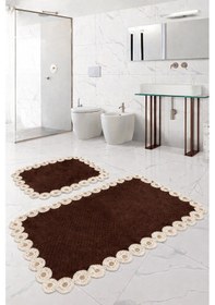 Resim Gülruba Köşeli Kahve Çeyizlik Dantelli 2'li Banyo Paspası Seti Kaymaz Tabanlı Klozet Takımı Kahve 