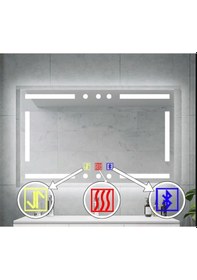 Resim 120x80 H Cm Bluetoothlu Buğu Çözücülü Dokunmatik Işıklı Kumlamalı Banyo Aynası 