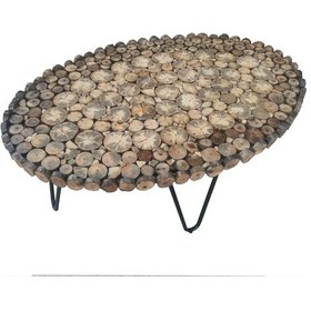 Resim Orta Sehpa Kütük Ağaç Dalı Kesme Model Metal Ayak Üstü Oval Cam E 