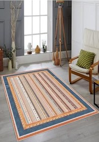 Resim Pelangi Vizon Kilim Desenli Mavi Çerçeve Yıkanabilir Kaymaz Taban Leke Tutmaz Modern Salon Halısı Ve Yolluk, Mavi-Turuncu 80 x 50, 1358090805005 