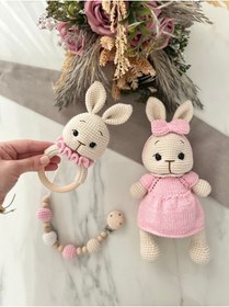 Resim Zey's Amigurumi Amigurumi Yenidoğan Set Tombik Tavşan Uyku Arkadaşı Çıngırak Emzik Zinciri 