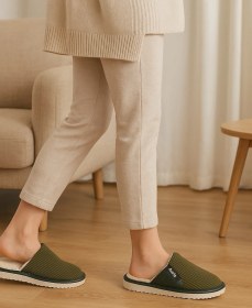 Resim Ar-060 Unisex Kadife Kumaş İçi Kürklü Kışlık Ev Terliği Haki 