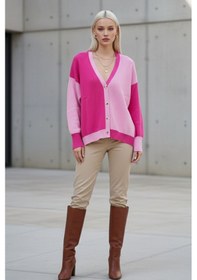 Resim Kadın Fuşya-pembe Oversize Yumuşak Dokulu Rahat Kesim Düğmeli Triko Hırka - Kadın Hırka Pembe 