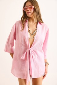 Resim Olalook Kadın Pembe Önü Bağcıklı Flam Keten Salaş Kimono KMN-00000072 