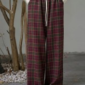 Resim Kadınlar için Bordo ve Beyaz Ekose Desenli Geniş Paça Pantolon - Elastik Bel, İpli Bağcıklı, Makinede Yıkanabilir, Her Mevsim Günlük Kullanım İçin Cepli Rahat Kumaşlı Pantolon 