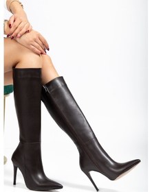 Resim Ls-226 Kahve Cilt Fermuarlı Lastikli İnce Yüksek Topuklu Kadın Çizme Altın - Siyah 